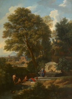 A Classical Landscape with Ladies bathing near a Fountain by Jan Frans van Bloemen