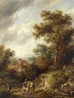 A Country Lane with Herdsman, Cow and Sheep by Richard H Hilder