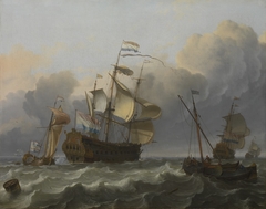 A Dutch Flagship with a Yacht Under Her Stern by Ludolf Bakhuizen