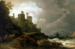 A fishing boat brought ashore near Conway Castle by Philip James de Loutherbourg