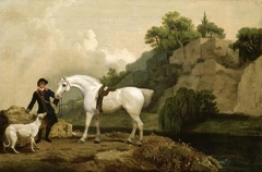 A Grey Hunter with a Groom and a Greyhound at Creswell Crags by George Stubbs