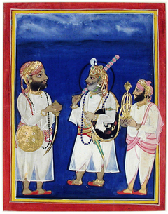 A maharana with two attendants carries sword and hookah by Anonymous