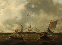 A paddle steamer and fishing vessels near a coast by British School