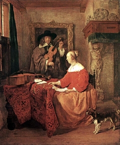 A Woman seated at a Table and a Man tuning a Violin by Gabriël Metsu