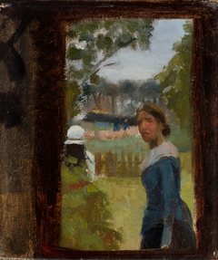 Anna Ancher in the front garden at Markvej. Study. by Michael Peter Ancher