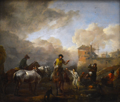 Attelage et Paysans sur le bord d'une rivière by Philips Wouwerman