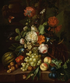 Basket of flowers with fruit by Johannes Christianus Roedig