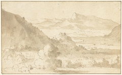 Berglandschap met een meer en een kasteel by Unknown Artist