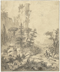 Bergweg met man met twee muilezels by Cornelis de Wael