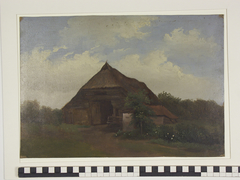 Boeren schuur met op de achtergrond bomen en een wolkenlucht by Jan Wessel van Delden