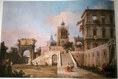 Capriccio of a Renaissance Palazzo with a monumental Staircase, a Clock Tower and the Arch of Titus beyond by Canaletto