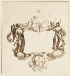 Cartouche met Fama en de Goddelijke en Menselijke Wijsheid by Nicolaes Pietersz. Berchem