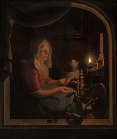 De spinster, bij een olielampje by Michiel Versteegh