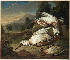 Dead Game in a Landscape: Two White Woodcocks and Two Other Birds by Gerard Rijsbrack