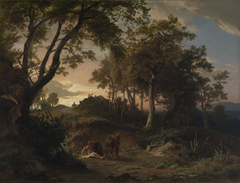 Der Abend, Die Bergung des verletzten Wanderers durch den barmherzigen Samariter by Johann Wilhelm Schirmer