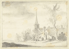 Dorpsgezicht, in het midden een kerktoren met een hoge spits by Pieter de Molijn