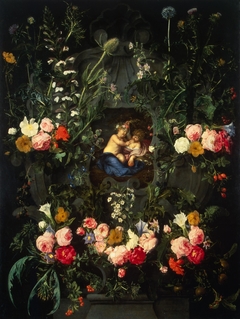 Garland of Flowers Around a Cartouche with Jesus and St John the Baptist as Children by Daniel Seghers