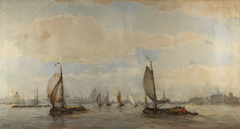 Gezicht op het Buiten-IJ naar het westen, 'Zuiderzeevaart op het Pampus' by Hobbe Smith