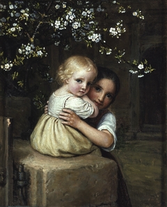 Girl holding a child under a blossoming apple tree by August von der Embde