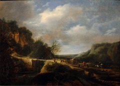 Heuvellandschap met overval op een reiswagen by Evert Marseus van Schrieck