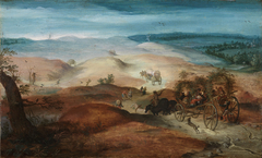 Hilly landscape with cheerful company in a cart by Flämischer Meister