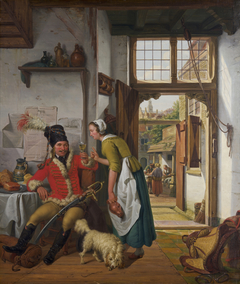 Interieur met soldaat en dienstmeid by Abraham van Strij