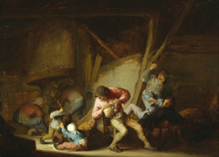 Interior with Drinking Figures and Crying Children by Adriaen van Ostade