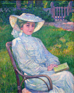 La dame en blanc lisant au jardin, à Mortgat by Théo van Rysselberghe