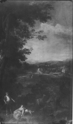 Landscape with a Goatherd and a Seated Woman Nuzzled by a Dog by Francesco Zuccarelli