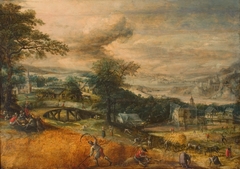 Landscape with harvesting peasants by Marten van Valckenborch