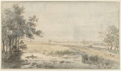 Landschap met een hengelaar aan het water by Jan Hulswit