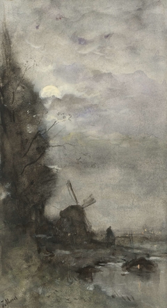 Landschap met molen bij maanlicht by Jacob Maris