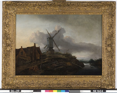 Landschap met molen en boerderijen aan het water by Gerrit van Hees