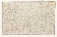 Landschap met twee staande figuren links by Abraham Genoels II