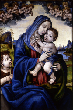 Madonna and Child with Infant Saint John the Baptist, Angels Circling Above by Filippino Lippi