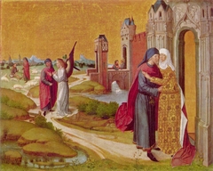 Marienleben: Joachim und Anna an der Goldenen Pforte; (Rückseite: obere Hälfte einer Kreuzigung Christi) by Master of the Life of the Virgin