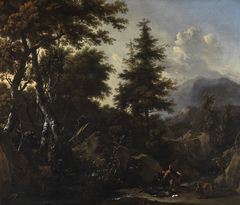 Mountain landscape with figures from the old testament by Nicolaes Pieterszoon Berchem