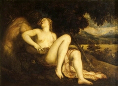 Nymph and Faun by attributed to Titian