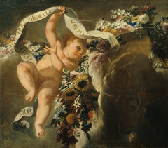 Putto mit Blumengewinde und Spruchband by Peter Strudel