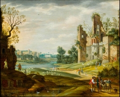 River Landscape with Cattle and Travellers, a Ruin at the right and a View of a Town beyond by Izaak van Oosten