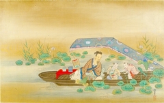 Sage and Two Boys in a Boat Enjoying Lotus Flowers by Kanō Tansetsu