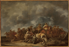 Skirmish of cavalry and infantry by Benjamin Gerritsz Cuyp