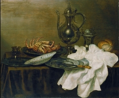 Still life of breakfast table with silver jug, salt cellar and crab by Gerret Willemsz Heda