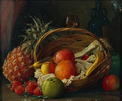 Still Life of Fruit in a Basket, a Pineapple Alongside and Wine Bottle and Glass Behind by George Frederick Harris