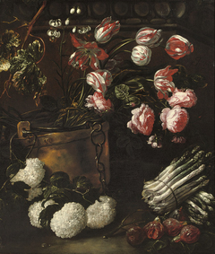 Still life of various flowers, figs and aspargus in and around a copper kettle by Jan Fyt