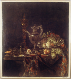 Still Life with a gilded Covered-beaker, silver Wine-jar, plate and other objects by Anonymous