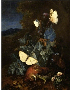 Still-life with a thistle, boletus, snail, lizard, butterflies and a bee in a landscape by Elias van den Broeck