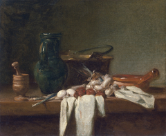 Still Life with Pestle and Mortar, Pitcher and copper Cauldron by Jean-Baptiste-Siméon Chardin