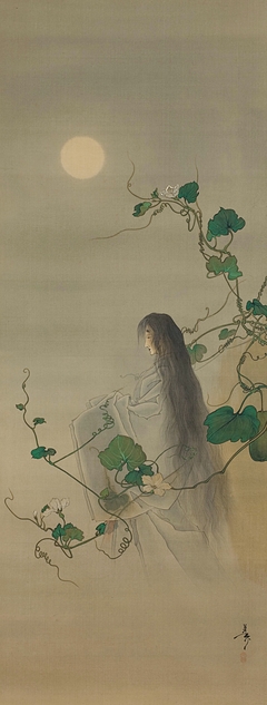 The Spirit of the Deceased Yūgao Entwined in Moonflower Vines, based on the print “The Lady of the Evening Faces,” from the series One Hundred Aspects of the Moon (Tsuki hyakushi: Genji Yūgao no maki) by Yoshitoshi