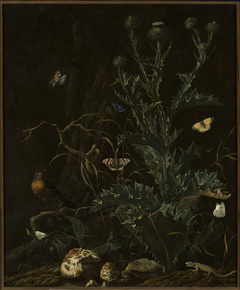 Thistles, butterflies and a lizard by Abraham Begeyn